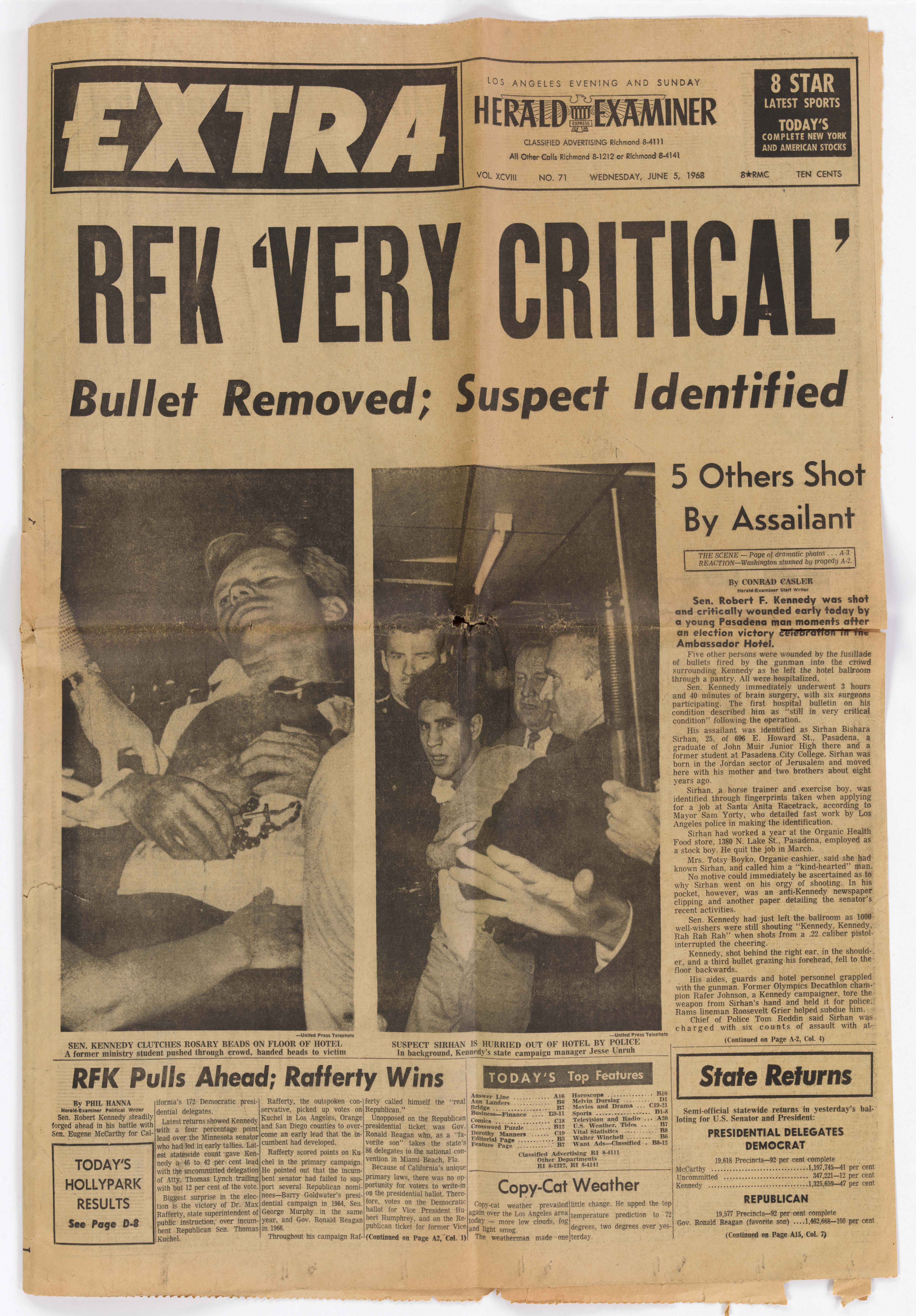 A special edition of the Los Angeles Herald Examiner newspaper following the shooting of Senator Robert F. Kennedy